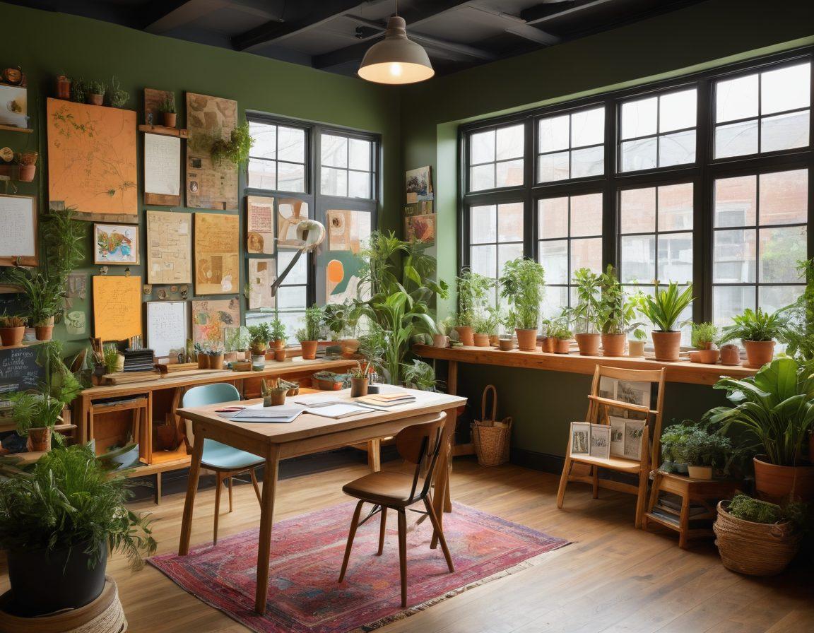A cozy design studio filled with vibrant, eclectic decor, large windows letting in natural light, surrounded by lush plants. Artists actively engaged in various crafts, showcasing a range of design tools and materials scattered across spacious tables. A chalkboard wall covered in colorful sketches and brainstorming notes. The atmosphere is inviting and inspirational, infused with creativity and warmth. super-realistic. vibrant colors. warm lighting.