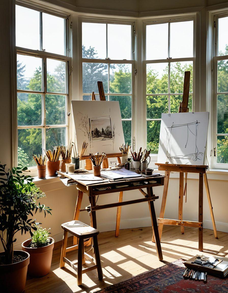 A cozy, well-lit artistic space filled with vibrant colors, featuring a large easel with a canvas, paintbrushes scattered around, and various art supplies neatly organized. Include a window showing a serene outdoor view, inspiring the creative mind. In the background, subtle hints of tough projects like an unfinished sculpture and sketches on the wall, inviting the viewer to explore their artistic journey. super-realistic. warm tones. inviting atmosphere.